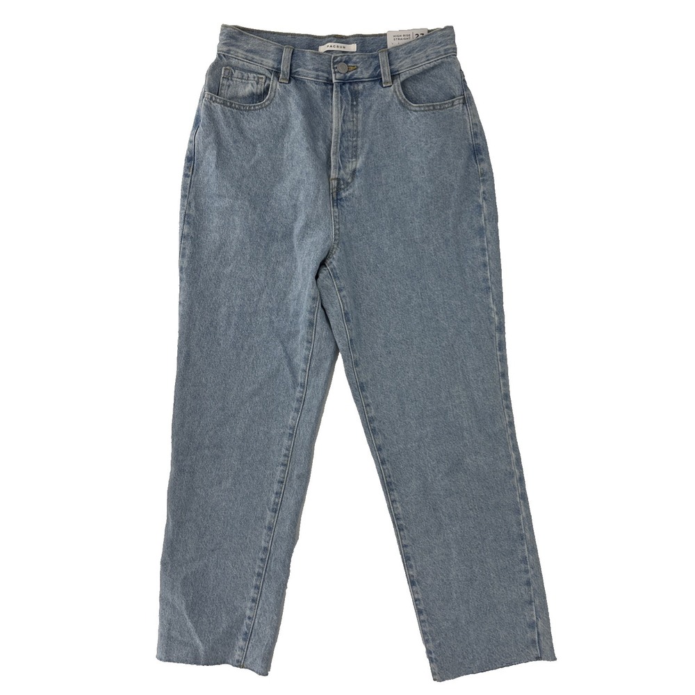 NWT‎ PacSun Blue Straight Leg Button Fly Jeans Size 27 High Rise Frayed Hem